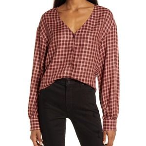TREASURE & BOND Button Front Long Sleeve Top Brown York Plaid Medium